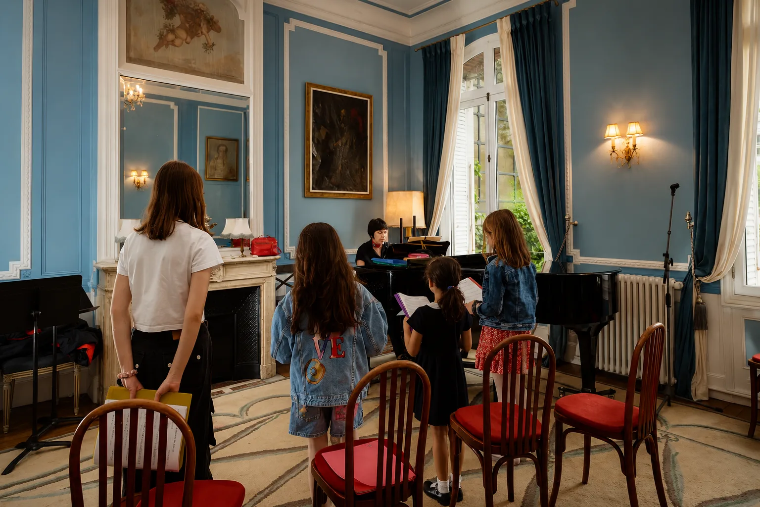 Cours collectif au piano dans un salon du Conservatoire, jeunes élèves autour du professeur