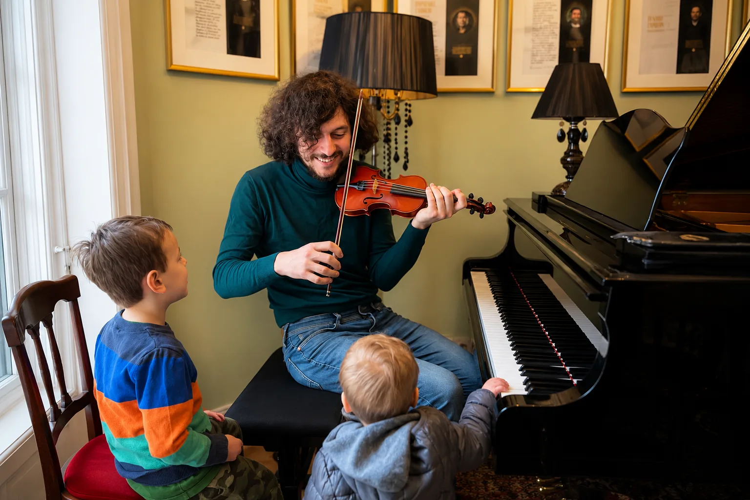 Jeune musicien partage son violon avec deux enfants devant un piano à l'Institut